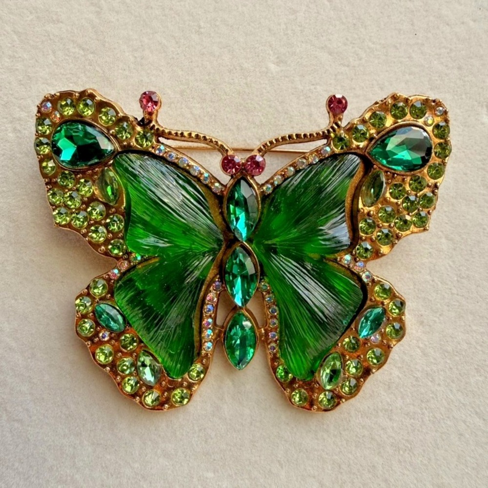 Green Butterfly Brooch Rhinestone Enamel Gold Tone Large Statement Jewelry Pin